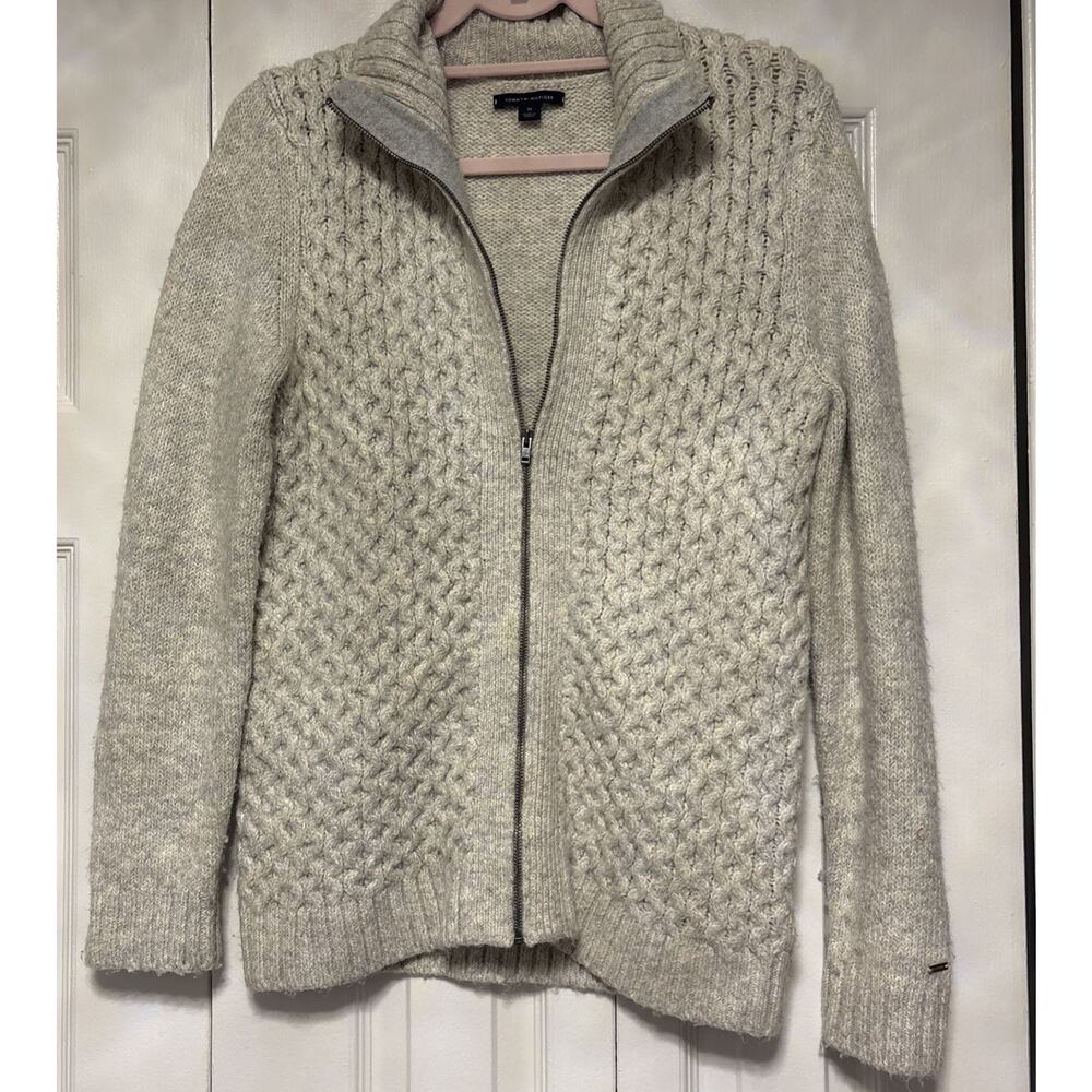 Tommy Hilfiger Sz Medium Ivory Full Front Zip Sweater Thick Cable Knit Mock Neck
